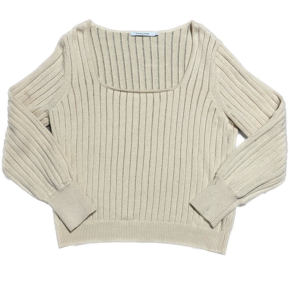 STITCHES & STRIPES Pointelle Scoop Neck Long Sleeve Sweater Cream NWOT 2XL XXL